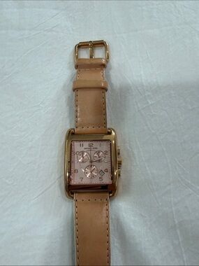 Michael Kors Gold-Tone Case Pink Dial Tan Leather Watch Double Wrap
